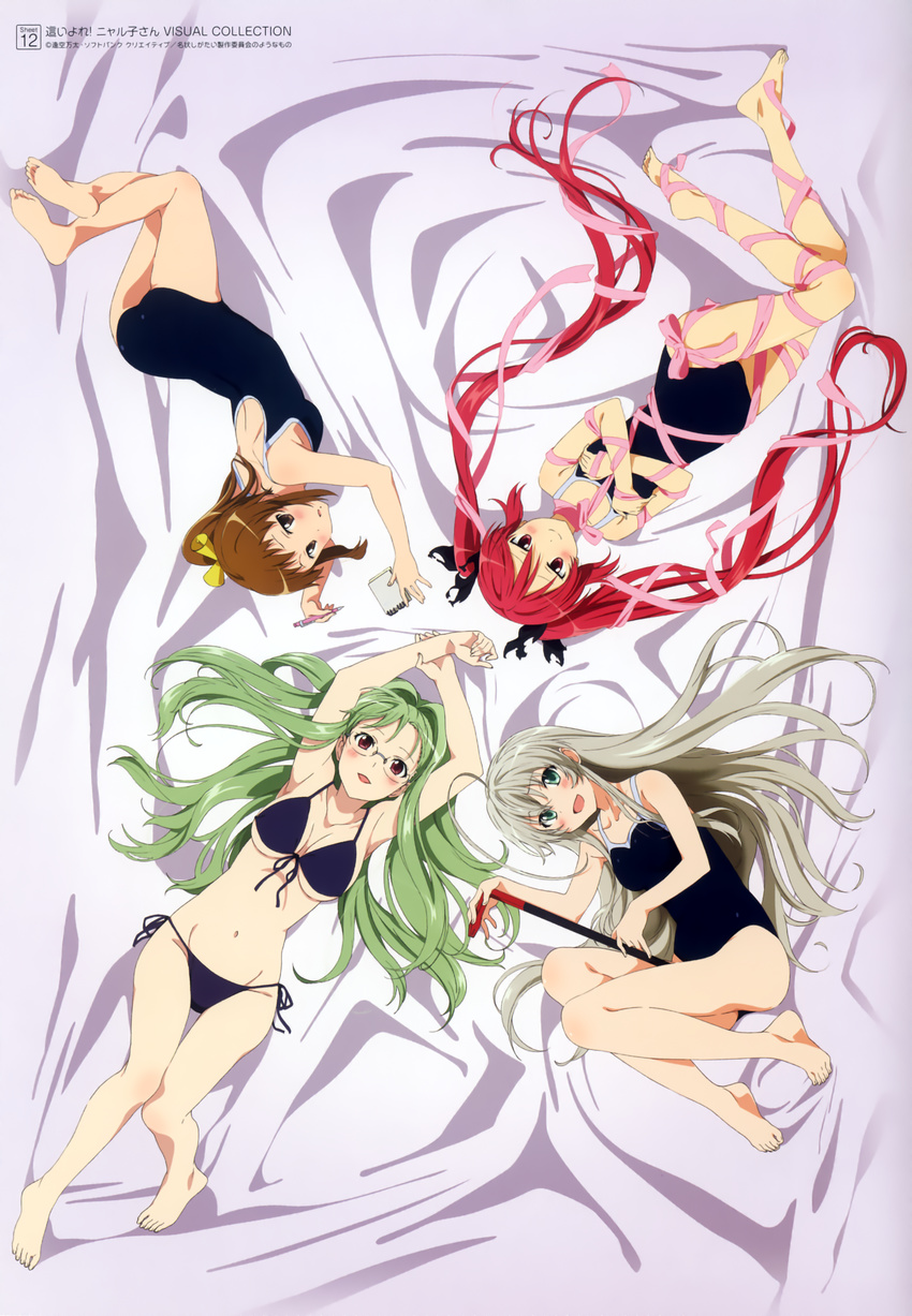 absurdres artist_request ass barefoot bikini brown_eyes brown_hair competition_school_swimsuit crowbar cthugha_(nyaruko-san) front-tie_top glasses green_hair haiyore!_nyaruko-san highres kurei_tamao legs long_hair long_legs luhy_distone multiple_girls nyarlathotep_(nyaruko-san) official_art one-piece_swimsuit ponytail red_hair ribbon side-tie_bikini swimsuit twintails