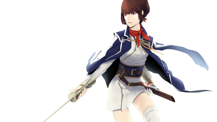 absurdres bangs belt blunt_bangs breasts brown_eyes brown_hair coat highres isabeau_(smt) medium_breasts red_eyes seika shin_megami_tensei shin_megami_tensei_iv short_hair simple_background solo sword thighhighs weapon