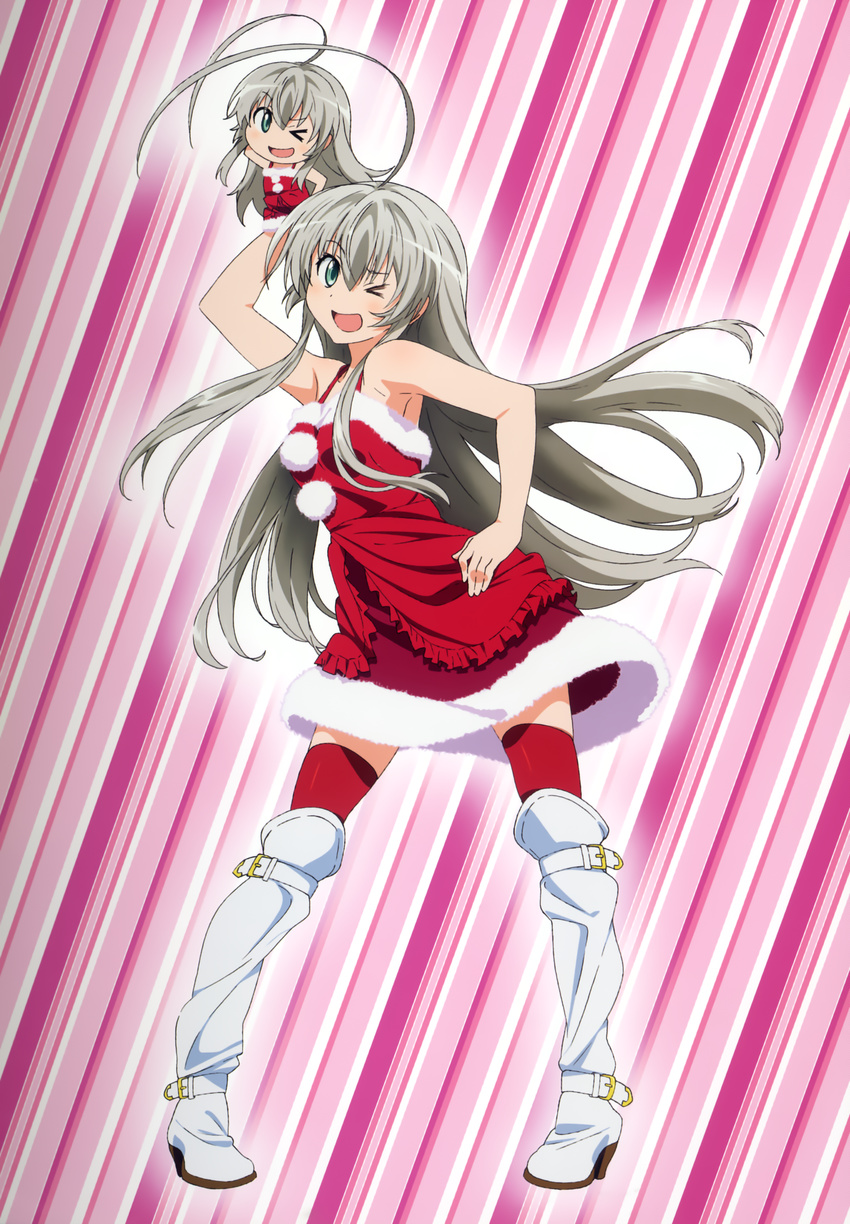 absurdres ahoge artist_request bare_shoulders boots christmas contrapposto dress full_body fur_trim grey_hair haiyore!_nyaruko-san hand_puppet highres knee_boots long_hair looking_at_viewer nyarlathotep_(nyaruko-san) official_art pom_pom_(clothes) puppet red_dress red_legwear red_skirt santa_costume simple_background skirt sleeveless sleeveless_dress standing striped striped_background thighhighs white_footwear white_legwear