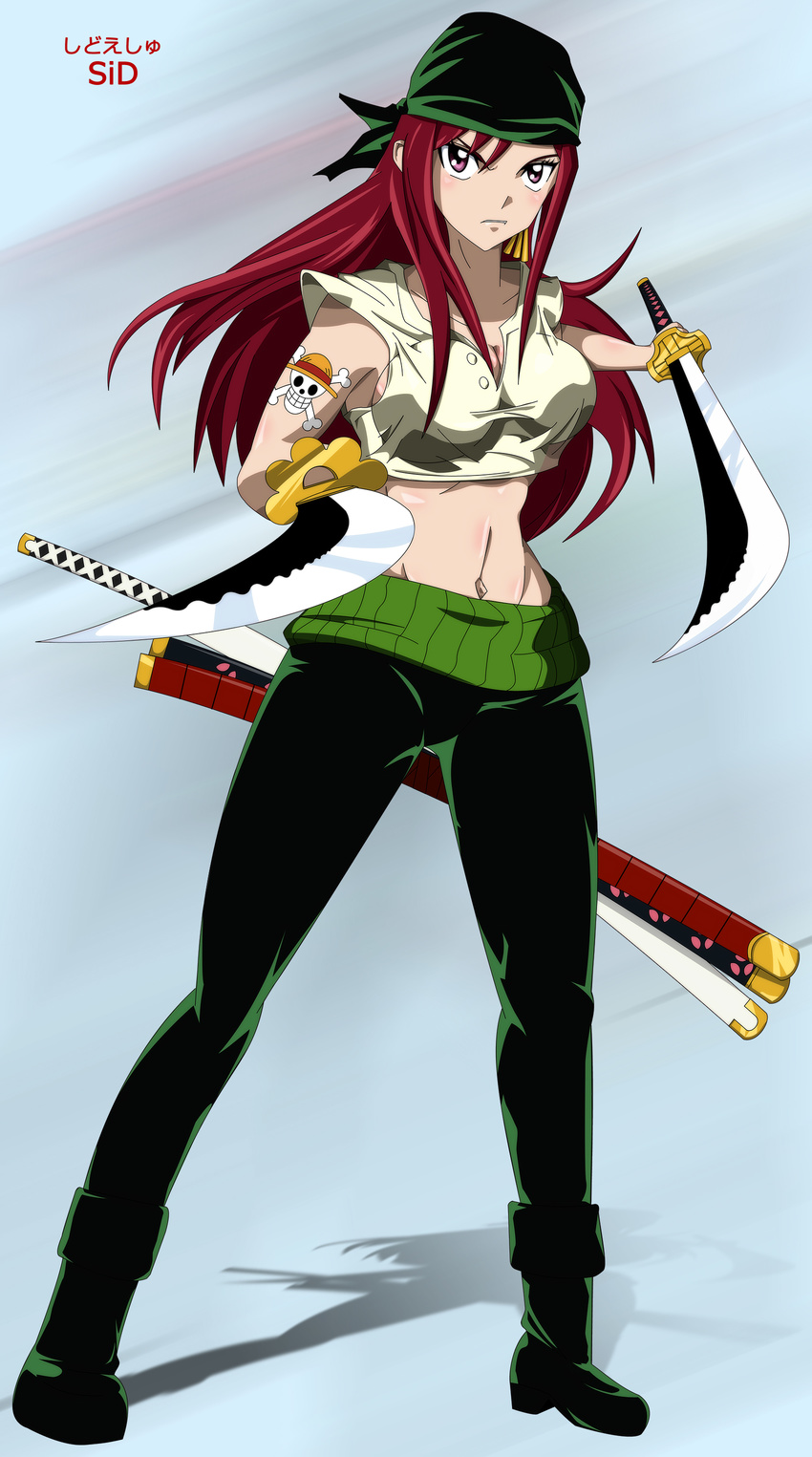 absurdres boots breasts cosplay dual_wielding erza_scarlet fairy_tail highres large_breasts long_hair midriff one_piece parody red_hair roronoa_zoro roronoa_zoro_(cosplay) sword tattoo weapon