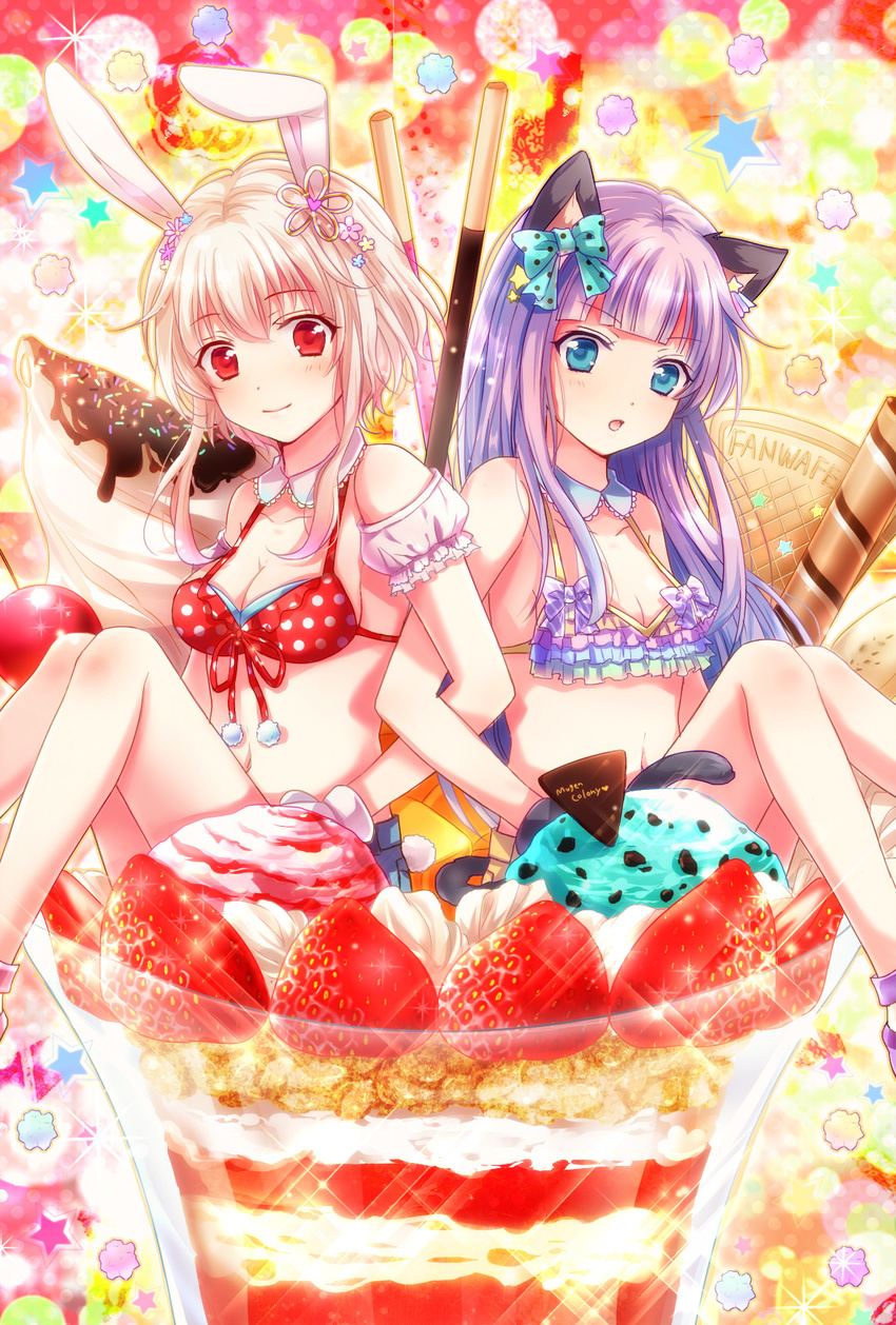 animal_ears bikini blonde_hair blue_eyes bow breasts bunny_ears bunny_tail candy cat_ears cat_tail cleavage collarbone food frilled_bikini frills fruit hair_bow hair_ornament highres ice_cream in_food konpeitou locked_arms long_hair looking_at_viewer medium_breasts minigirl miyoshi_(m178) multiple_girls navel open_mouth original parfait pocky polka_dot polka_dot_bikini polka_dot_swimsuit purple_bikini purple_hair red_bikini red_eyes short_hair sitting smile star strawberry strawberry_parfait sundae swimsuit tail very_long_hair wafer_stick waffle whipped_cream