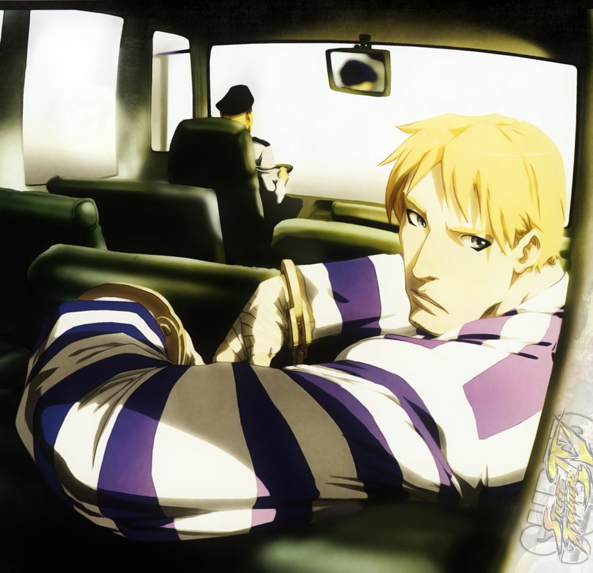 blonde_hair bus capcom cody_travers cuffs final_fight handcuffs highres motor_vehicle prison_stripes street_fighter vehicle