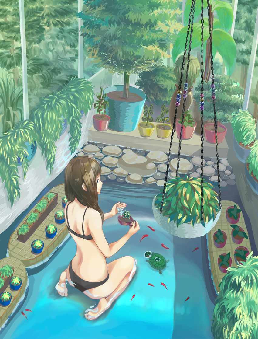 animal bangs barefoot basket bikini black_bikini blue_eyes brown_hair caustics chain commentary_request fish from_behind hanging_plant highres holding long_hair magic marble original pebble plant plantar_flexion pond potted_plant profile sea_turtle seiza shallow_water sitting smile soles solo swimsuit tree turtle water