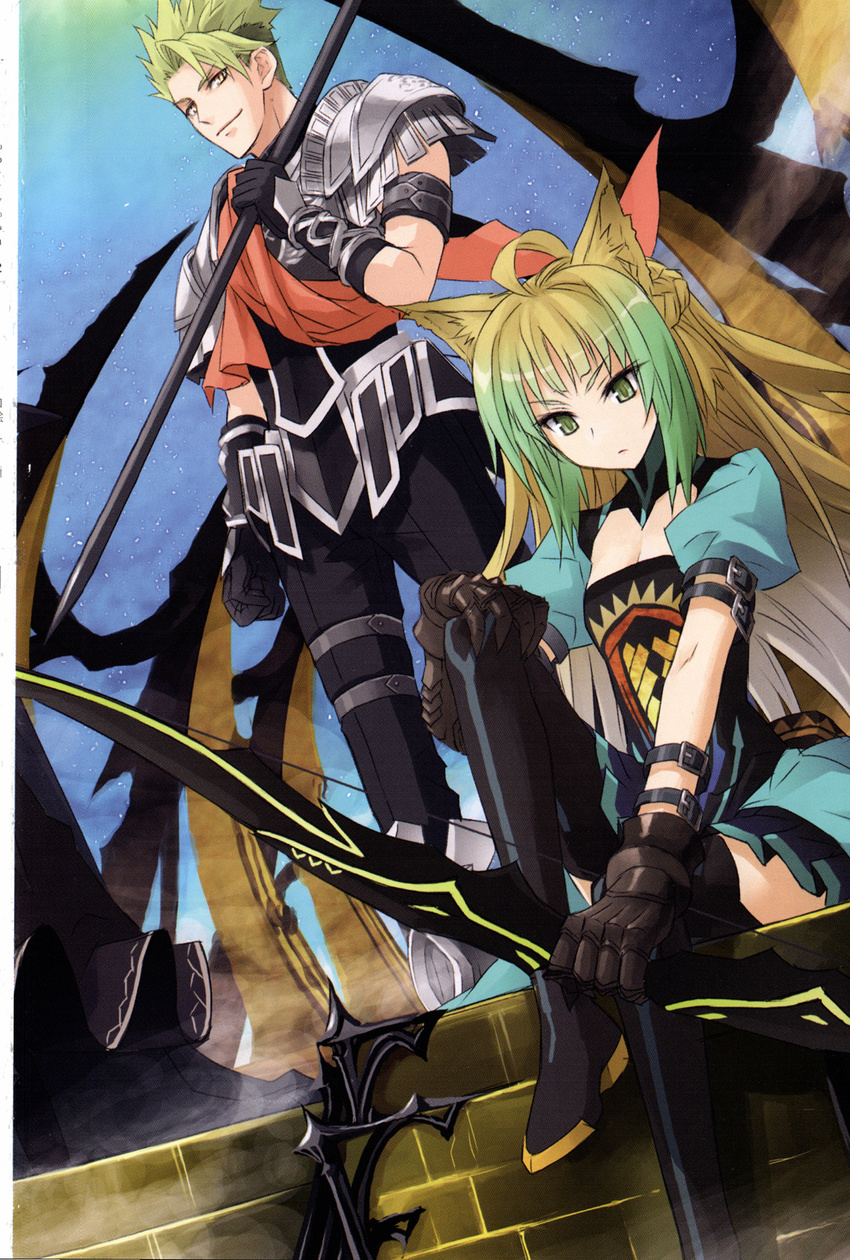 1girl achilles_(fate) animal_ears armor atalanta_(fate) blonde_hair bow_(weapon) cat_ears fate/apocrypha fate_(series) green_hair highres konoe_ototsugu multicolored_hair non-web_source official_art polearm scan spear thighhighs two-tone_hair weapon