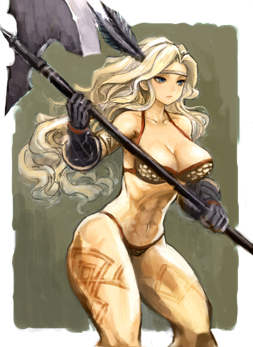 abs amazon amazon_(dragon's_crown) armlet armor axe bad_id bad_pixiv_id bikini_armor blonde_hair blue_eyes breasts cleavage dragon's_crown flower gauntlets hair_flower hair_ornament halberd highres hiro1984 large_breasts lips long_hair muscle muscular_female navel polearm sketch solo tattoo thighs weapon