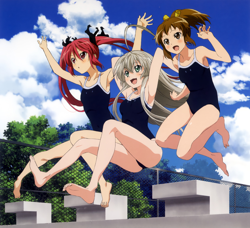 :3 :d ahoge armpits artist_request barefoot chain-link_fence cloud competition_school_swimsuit cthugha_(nyaruko-san) day fence hair_ornament haiyore!_nyaruko-san highres jumping kurei_tamao legs long_legs mole multiple_girls nyarlathotep_(nyaruko-san) official_art one-piece_swimsuit open_mouth ponytail sky smile swimsuit tree twintails