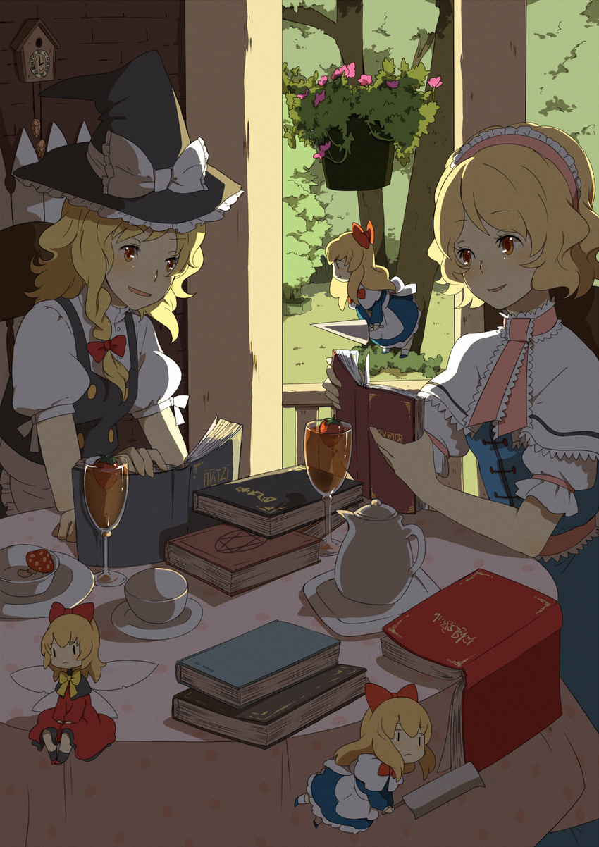 ai-wa alice_margatroid blonde_hair book bow braid brown_eyes capelet cleaver clock cup dress drinking_glass flower food fruit hairband hat highres hourai_doll kirisame_marisa multiple_girls mushroom reading shanghai_doll side_braid smile strawberry table teacup teapot touhou tree wine_glass witch_hat