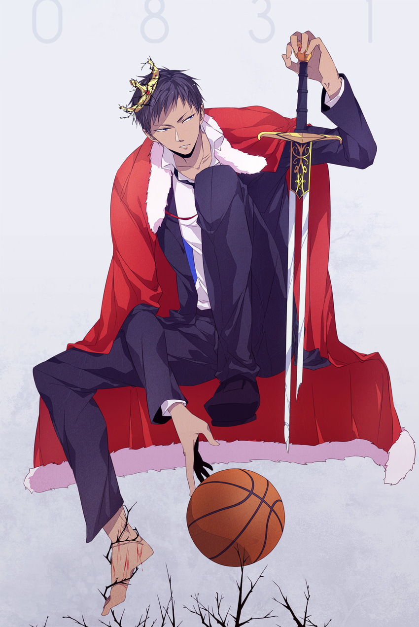 aomine_daiki bad_id bad_pixiv_id barefoot basketball blue_hair cape crown dark_skin dark_skinned_male highres kuroko_no_basuke male_focus plant planted_sword planted_weapon sara666 solo sword vines weapon