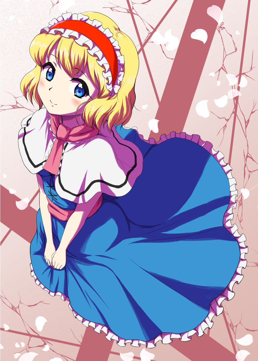 alice_margatroid bad_id bad_pixiv_id blonde_hair blue_eyes blush capelet crack dress frills greatestwashi hairband highres petals sash short_hair smile solo touhou