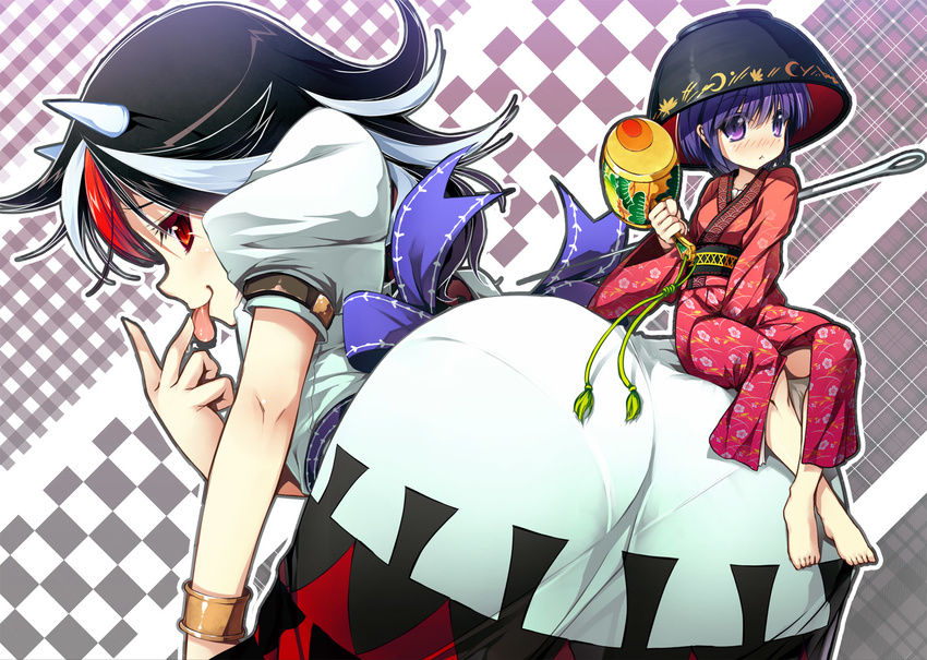 ass barefoot black_hair blush bowl bowl_hat chima_q feet finger_licking from_behind hat highres horns japanese_clothes kijin_seija licking looking_at_viewer looking_back mallet minigirl miracle_mallet multicolored_hair multiple_girls naughty_face needle pantylines purple_eyes purple_hair red_eyes red_hair saliva short_hair sitting sukuna_shinmyoumaru tongue tongue_out touhou white_hair