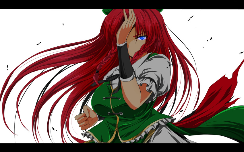 blue_eyes braid breasts fighting_stance hat highres hong_meiling letterboxed long_hair medium_breasts nekominase red_hair simple_background solo touhou twin_braids wallpaper white_background