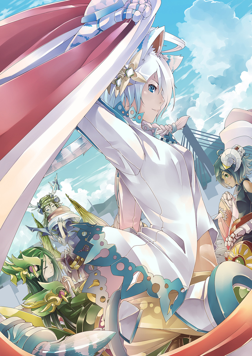 animal_ears blue_eyes closed_eyes cloud day dutch_angle green_hair highres horns inheritage long_hair looking_at_viewer monster_girl multiple_girls sinlaire sky tail white_hair
