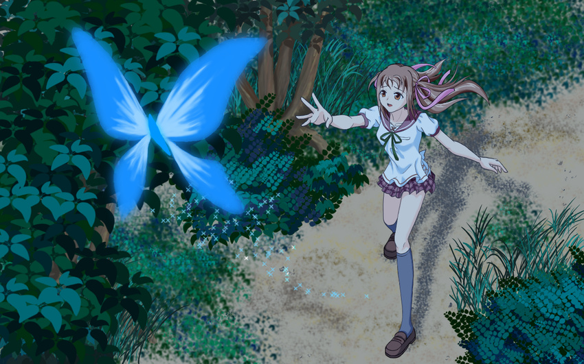akai_ito brown_eyes brown_hair bug butterfly chasing foreshortening fuyuki hatou_kei insect kneehighs long_hair plant reaching_out school_uniform shirt shoes tree twintails white_shirt
