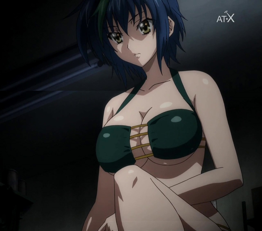 1girl bikini blue_hair bra breasts green_hair high_school_dxd large_breasts short_hair solo swimsuit underwear xenovia_(high_school_dxd) yellow_eyes