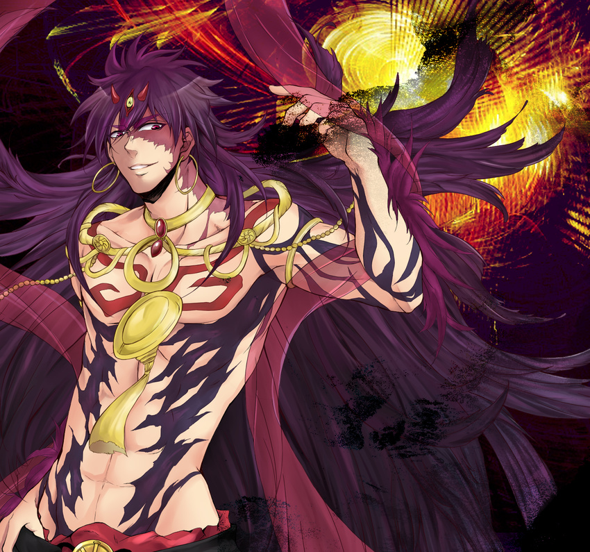 arm_up armpits bad_id bad_pixiv_id cowboy_shot djinn_equip earrings evil_smile feathers highres jewelry katze224 long_hair looking_to_the_side magi_the_labyrinth_of_magic male_focus muscle necklace parted_lips pendant purple_eyes purple_hair shaded_face sinbad_(magi) smile solo tattoo teeth