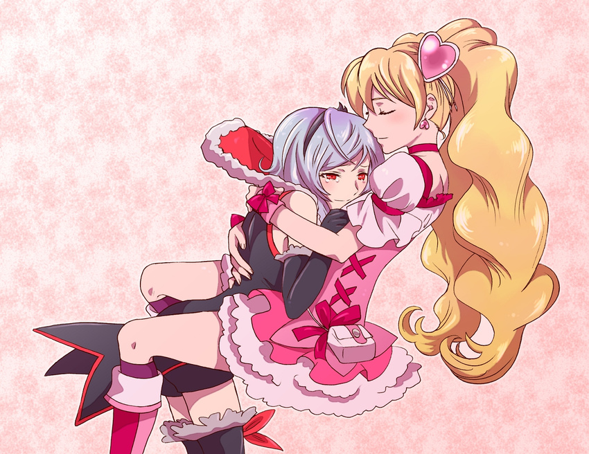 bare_shoulders between_legs blonde_hair blue_hair blush boots bow chmm2 choker closed_eyes couple cure_peach eas elbow_gloves fresh_precure! gloves hair_ornament heart heart_hair_ornament higashi_setsuna hug light_smile long_hair magical_girl momozono_love multiple_girls pink_bow pink_choker pink_footwear precure red_eyes sleeveless smile tears twintails yuri