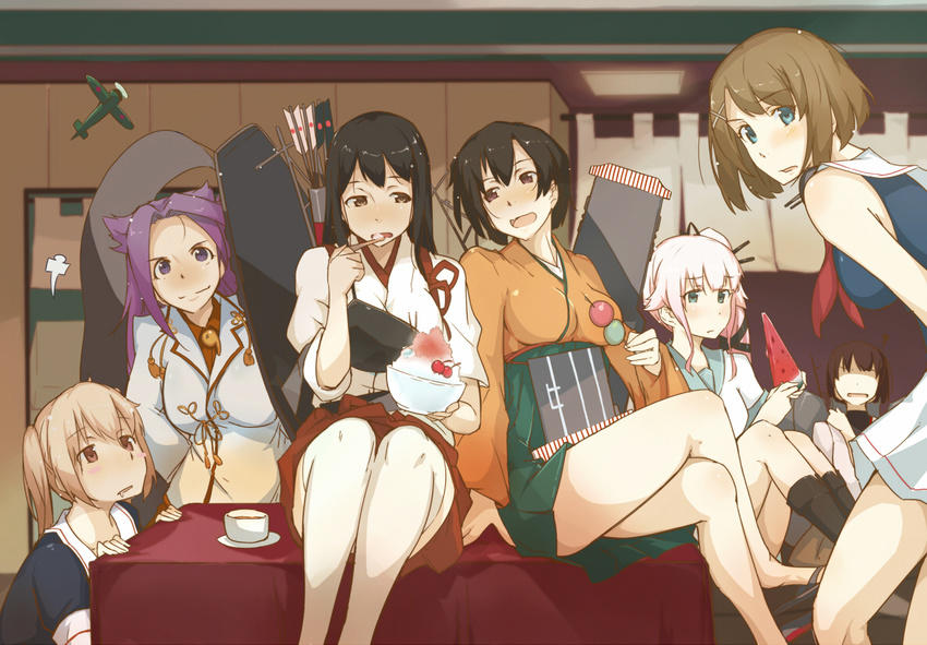 a6m_zero aircraft airplane akagi_(kantai_collection) aqua_eyes arrow black_hair black_serafuku breasts brown_eyes brown_hair crossed_legs dango drooling eating faceless food hair_ornament hiryuu_(kantai_collection) hyuuga_(kantai_collection) jun'you_(kantai_collection) kantai_collection long_hair maya_(kantai_collection) medium_breasts multiple_girls muneate murasame_(kantai_collection) open_mouth purple_eyes purple_hair quiver sandals school_uniform serafuku shaved_ice short_hair sitting tokiwa_midori_(kyokutou_funamushi) wagashi yura_(kantai_collection)