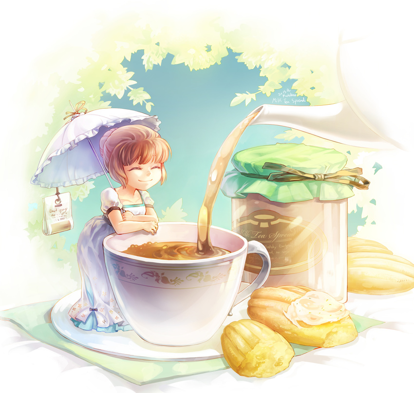 ^_^ brown_hair closed_eyes cup dress el_(mushboom) hair_bun highres minigirl original parasol pouring puffy_short_sleeves puffy_sleeves short_sleeves smile solo tea teacup teapot umbrella