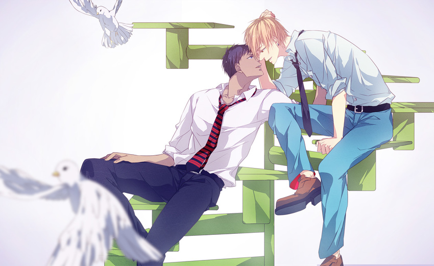 aomine_daiki blonde_hair dark_skin dark_skinned_male kise_ryouta kuroko_no_basuke male_focus multiple_boys necktie sara666