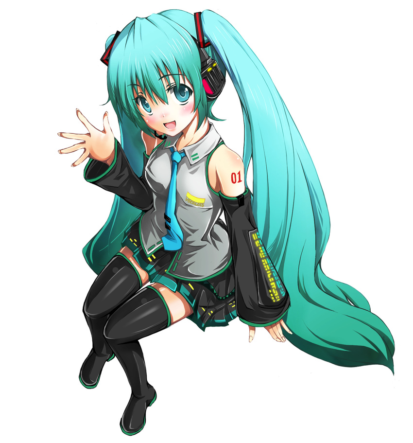 black_legwear blush boots breasts chiri_(atlanta) detached_sleeves green_eyes green_hair hatsune_miku highres long_hair looking_at_viewer medium_breasts necktie open_mouth sitting skirt smile solo thigh_boots thighhighs twintails very_long_hair vocaloid waving