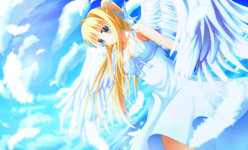 air blonde_hair blue_eyes dress ichiki_yuu kamio_misuzu long_hair ponytail solo sundress wings