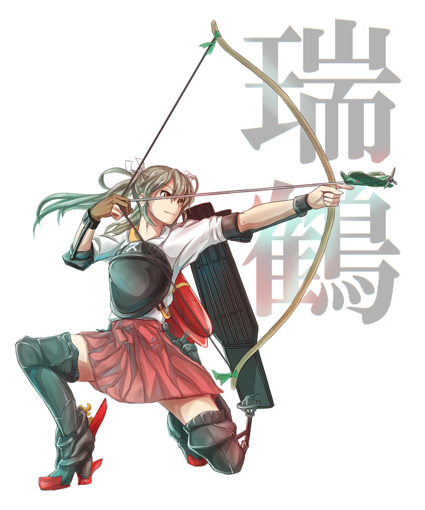 aiming archery arrow bow_(weapon) brown_eyes brown_hair character_name drawing_bow gloves high_heels highres holding holding_arrow holding_bow_(weapon) holding_weapon japanese_clothes kantai_collection kyuudou light_smile long_hair muneate outstretched_arm quiver shao_(newton) single_glove skirt solo thighhighs twintails weapon zuikaku_(kantai_collection)