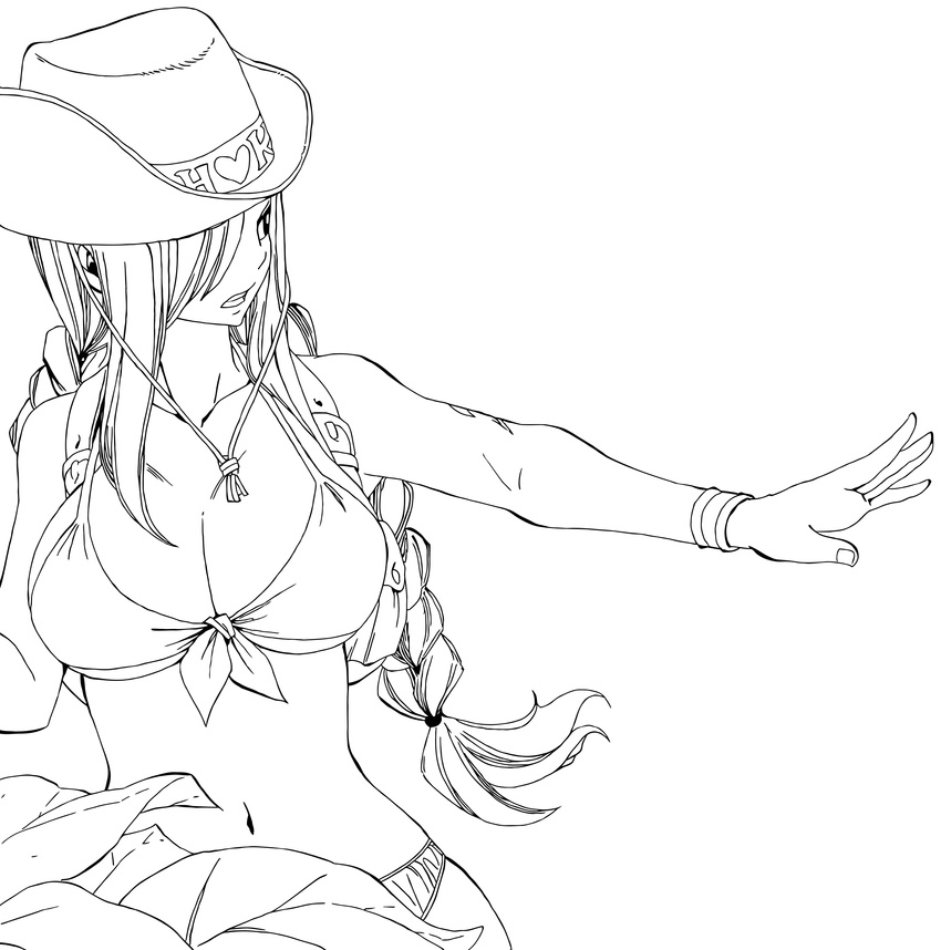 1girl backpack bag braid breasts cowboy_hat erza_scarlet fairy_tail hat highres large_breasts lineart mashima_hiro ponytails solo traced twin_braids