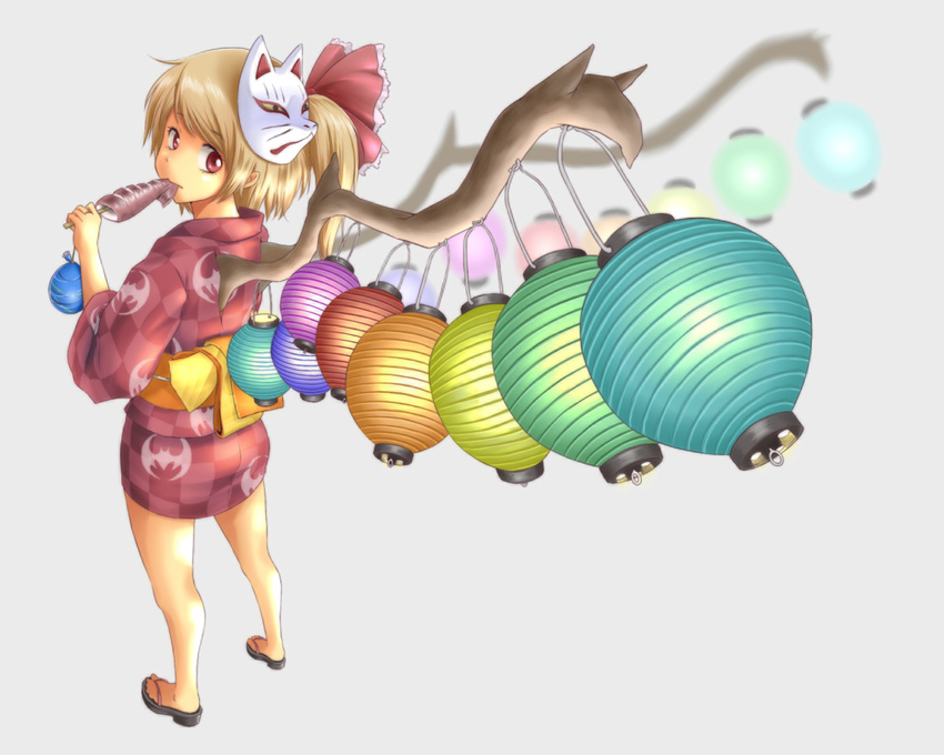 alternate_wings ao_usagi blonde_hair eating flandre_scarlet food fox_mask hair_ribbon ikayaki japanese_clothes kimono lantern long_hair looking_at_viewer looking_back mask paper_lantern pointy_ears rainbow_order red_eyes red_kimono ribbon sandals side_ponytail solo squid touhou wings yukata