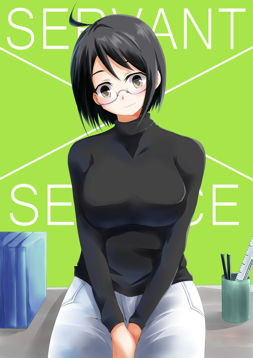 1girl black_hair blush book breasts desk glasses highres large_breasts looking_at_viewer morisoba_no_heya pencil_cup pens ruler servant_x_service short_hair simple_background solo sweater yamagami_lucy yamagami_lucy_kimiko_akie_airi_shiori_rinne_yoshiho_ayano_tomika_chitose_sanae_mikiko_ichika