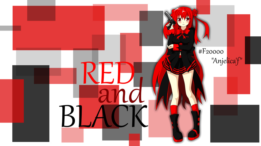 anjelica'f boots bow equinox gun long_hair original red_eyes red_hair skirt weapon