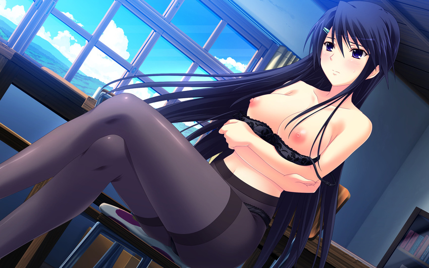 1girl black_hair blush bra breasts dutch_angle game_cg indoors large_breasts legs_crossed long_hair nipples owari_mio pantyhose peassoft purple_eyes sakurage_shibayuki sitting sky solo underwear zutto_tsukushite_ageru_no!