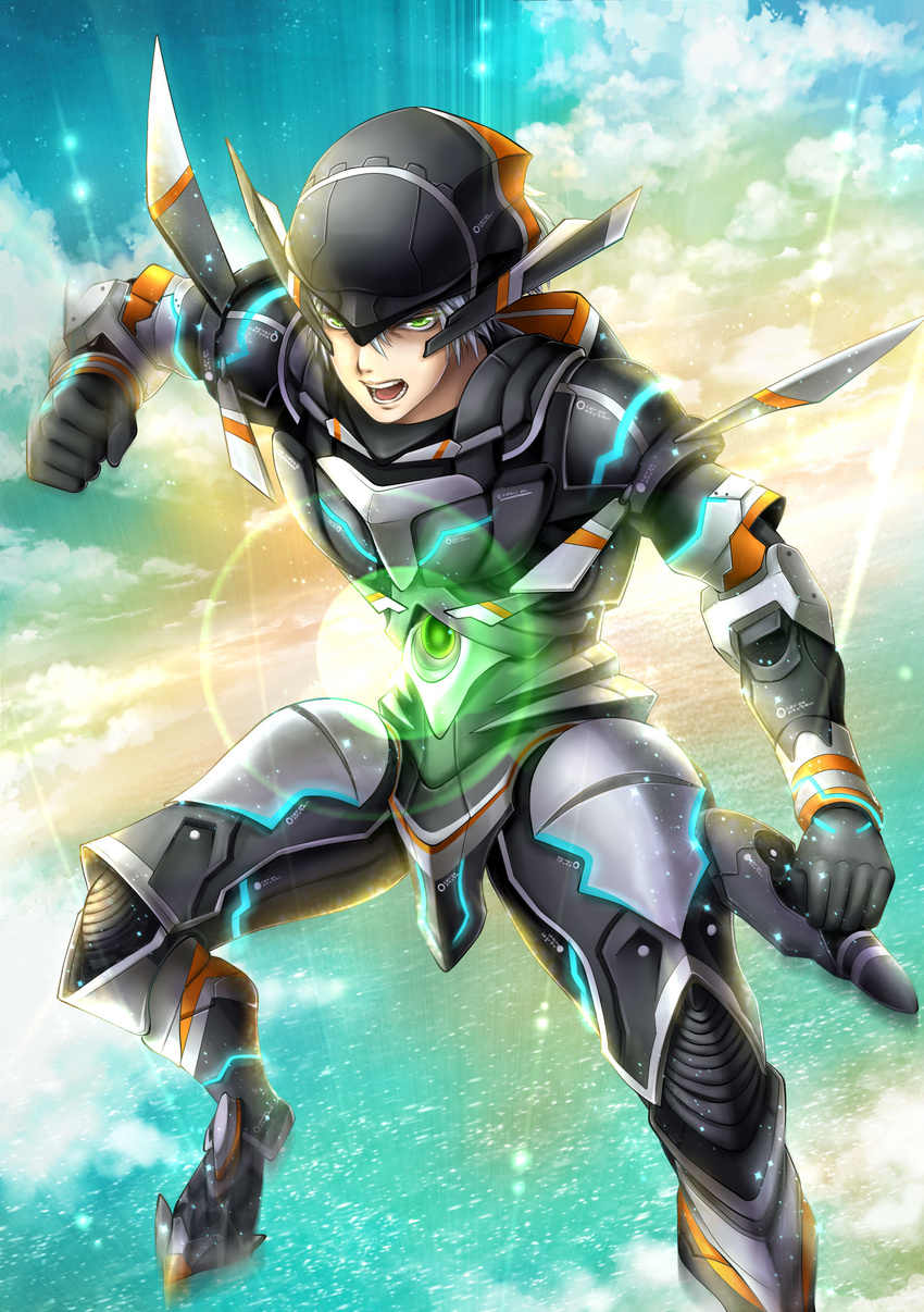 :d absurdres armor chamber_(suisei_no_gargantia) clenched_hand cloud flying full_body gauntlets glowing green_eyes grey_hair helmet highres ledo_(suisei_no_gargantia) light light_particles looking_at_viewer male_focus mecha_danshi ocean open_mouth personification power_armor smile solo suisei_no_gargantia syrinxwell311 v-shaped_eyebrows