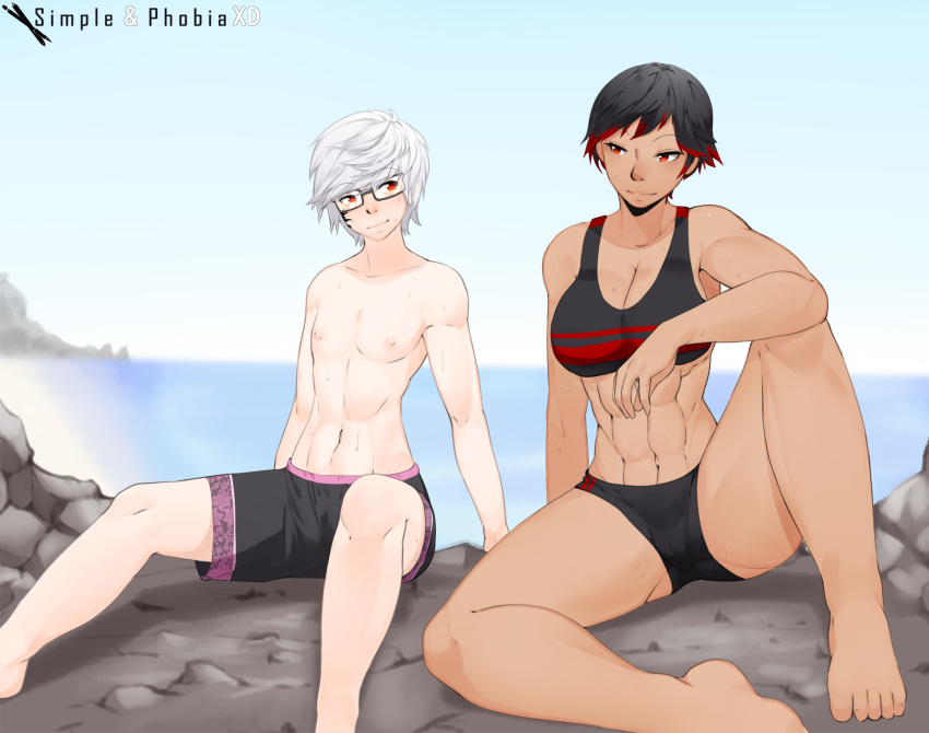 1boy 1girl abs androgynous beach bikini femboy glasses grey_hair highlights highres multicolored_hair pale red_eyes simplephobiaxd sweat swimsuit taiyo_akari tanned tattoo trap two_piece