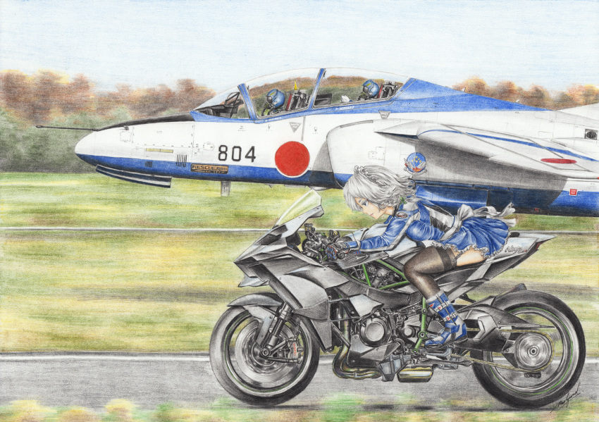 1girl 2others aircraft ambiguous_gender black_legwear blue_eyes blue_footwear blue_gloves blue_sky boots braid colored_pencil_(medium) commentary_request day expressionless frilled_skirt frills garter_straps gloves ground_vehicle helmet izayoi_sakuya japan_air_self-defense_force japan_self-defense_force kawasaki kawasaki_h2r long_sleeves looking_to_the_side maid_headdress military motion_blur motor_vehicle motorcycle multiple_others outdoors profile road rpracing short_hair silver_hair skirt sky t-4 thighhighs touhou traditional_media twin_braids
