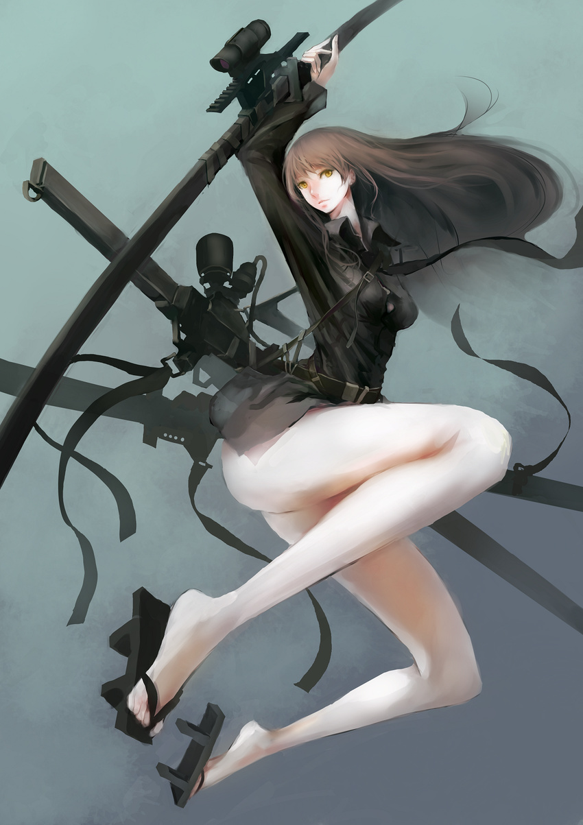 arm_up black_hair breasts censored convenient_censoring full_body geta gradient gradient_background green_background grey_background gun highres holding holding_sword holding_weapon humping jittsu katana long_hair long_sleeves medium_breasts original rifle scope simple_background solo sword tabi thighhighs weapon white_legwear yellow_eyes