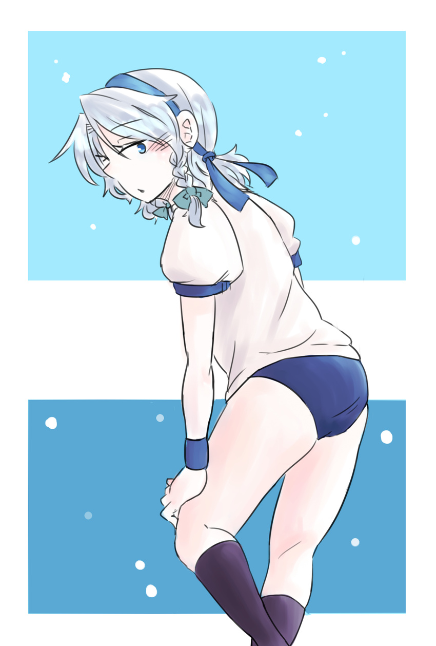 alternate_costume ass back blue_eyes blush braid buruma gym_uniform hairband highres izayoi_sakuya looking_back ponke short_hair silver_hair socks solo touhou twin_braids