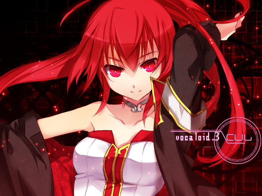 &gt;:) arm_up armband bare_shoulders black_jacket breasts character_name closed_mouth copyright_name cul high_ponytail highres jacket jewelry light_particles long_hair long_sleeves medium_breasts necklace off_shoulder open_clothes open_jacket ponytail red red_eyes red_hair smile solo strapless upper_body v-shaped_eyebrows vocaloid wallpaper yuuki_kira