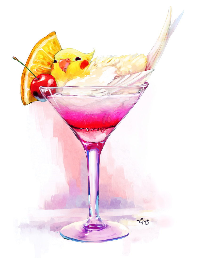 bird cherry cockatiel cocktail cocktail_glass cup drinking_glass food fruit glass highres no_humans original parrot pun simple_background solo white_background yu_(dryads)