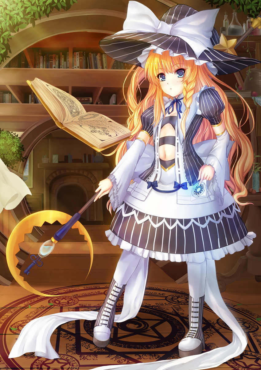 :&lt; absurdres alternate_costume blonde_hair blue_eyes book bookshelf boots braid cabinet detached_sleeves dress flask floating_book hat highres kirisame_marisa long_hair magic_circle midriff pantyhose rayxray solo staff touhou very_long_hair white_legwear witch_hat