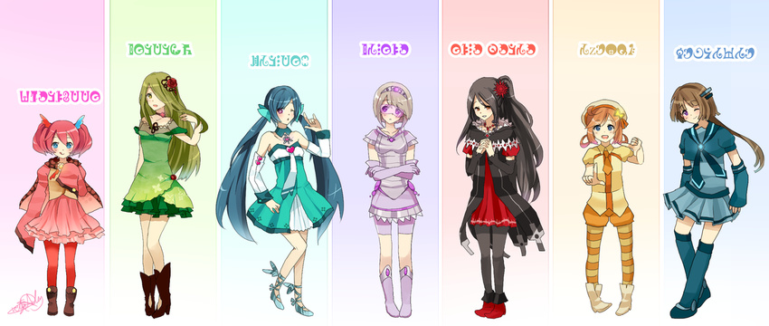 :q adjusting_hair bare_shoulders bike_shorts black_hair blue_eyes blue_hair boots brown_eyes brown_hair capelet character_name charlotte_(madoka_magica) commentary dress elbow_gloves elsa_maria_(madoka_magica) english_commentary eyebrows flower gertrud_(madoka_magica) gisela_(madoka_magica) gloves green_eyes green_hair h.n.elly_(kirsten) hair_flower hair_ornament hair_over_one_eye hair_ribbon hair_rings hands_clasped izabel_(madoka_magica) kneehighs long_hair madoka_runes magical_girl mahou_shoujo_madoka_magica multiple_girls necktie one_eye_closed open_mouth orange_hair own_hands_together pantyhose parted_lips patricia_(madoka_magica) personification pigeon-toed pink_hair purple_footwear ribbon short_hair short_twintails shorts signature sleeves_past_wrists standing striped striped_legwear tongue tongue_out twintails witch_(madoka_magica) yunare