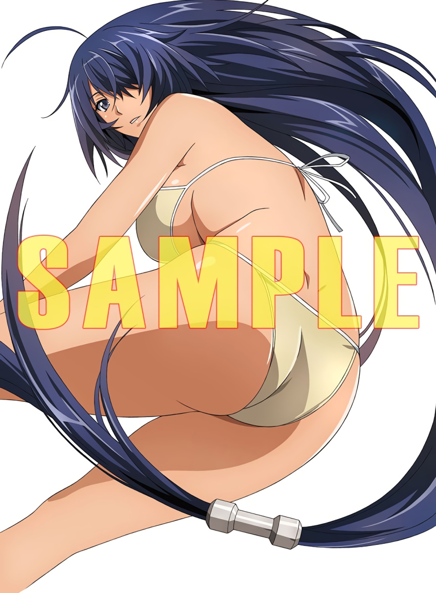 1girl ass back bra breasts female hair_over_one_eye highres ikkitousen kan'u_unchou large_breasts long_hair looking_at_viewer official_art panties purple_hair sample solo underboob underwear very_long_hair