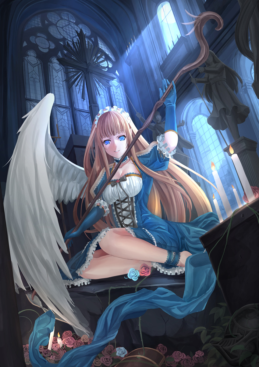 blonde_hair blue_eyes blue_gloves breasts candle church cleavage cross fire flower gloves highres long_hair medium_breasts original rayxray rose single_wing sitting solo staff statue very_long_hair white_wings wings yokozuwari