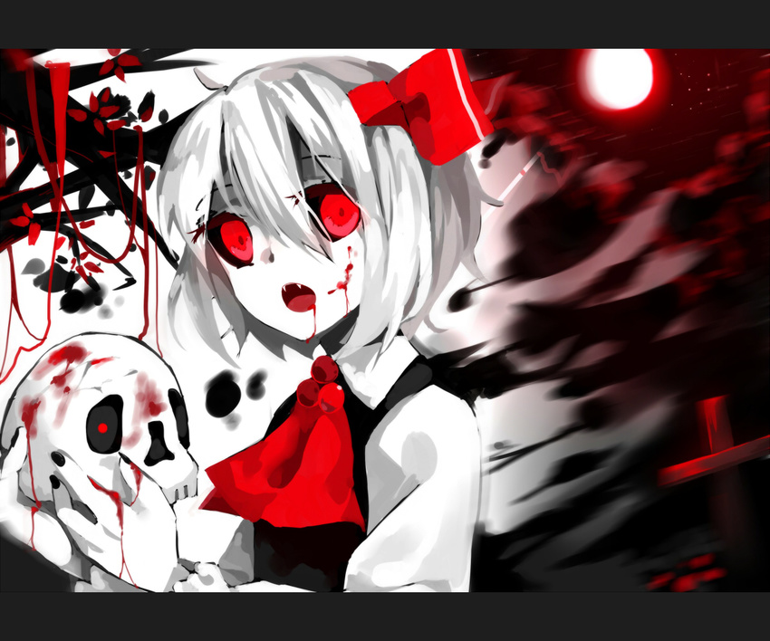 ascot bad_id bad_pixiv_id blood dark darkness fangs hair_ornament hair_ribbon long_sleeves looking_at_viewer monochrome moon open_mouth puffy_sleeves red_(girllove) red_eyes ribbon rumia short_hair skull solo touhou