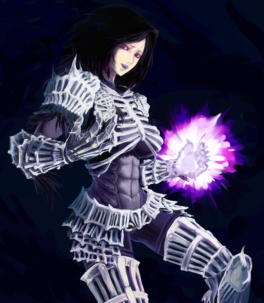 armor bodysuit breasts dark_background dark_souls darkwraith_(dark_souls) highres large_breasts lipstick long_hair makeup muscle power purple_hair red_eyes skin_tight slit_pupils solo souls_(from_software)
