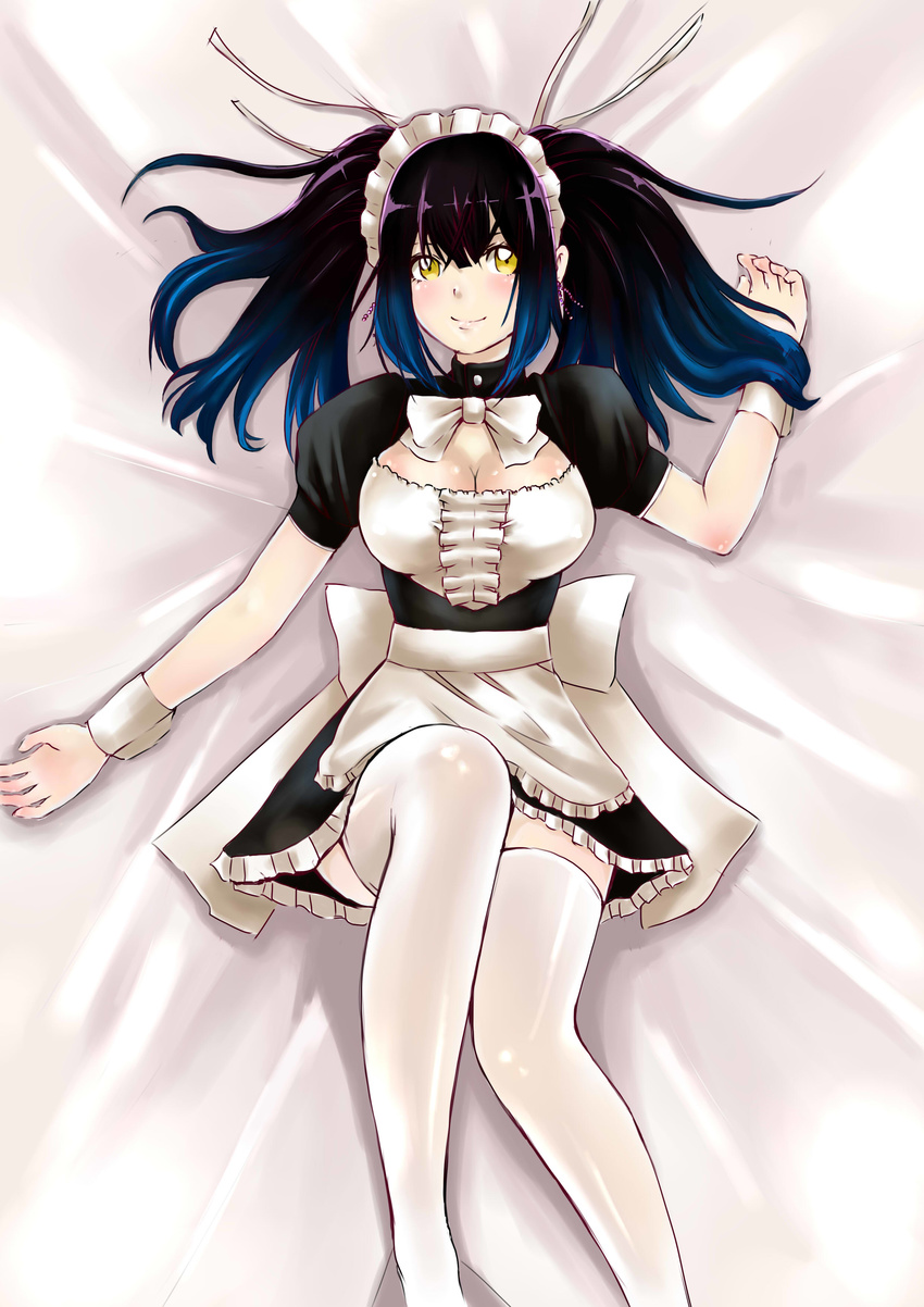 absurdres apron black_hair blush breasts character_request cleavage cleavage_cutout dakimakura dress highres large_breasts long_hair lying maid maid_headdress mimo_(mimoii) on_back original puffy_short_sleeves puffy_sleeves short_sleeves smile solo thighhighs twintails waist_apron white_legwear wrist_cuffs yellow_eyes