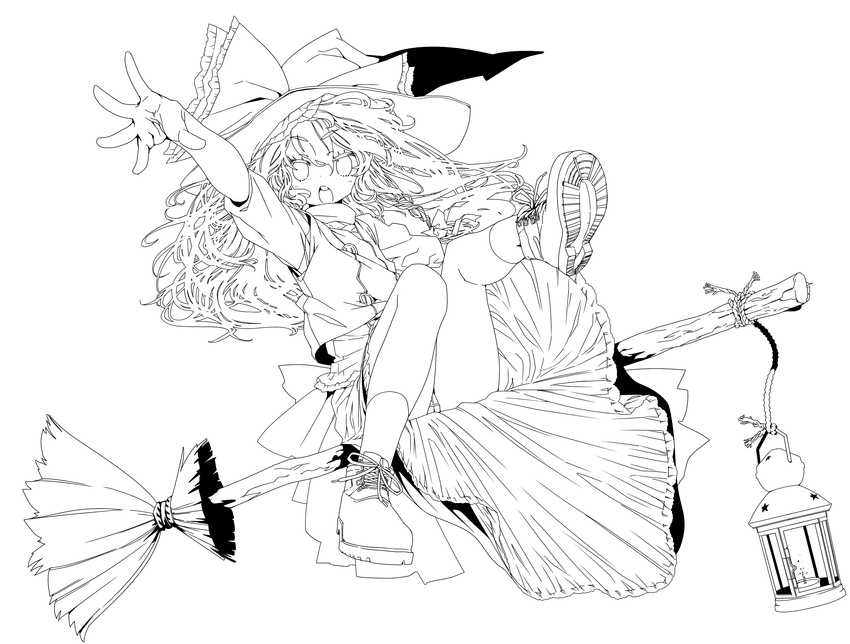 absurdres bad_id bad_pixiv_id bow braid broom greyscale hat hat_bow highres kirisame_marisa kishi_kaisei lantern lineart long_hair monochrome open_mouth outstretched_hand panties pantyshot ribbon socks solo touhou underwear witch_hat