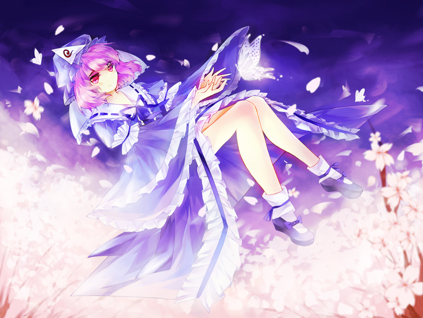 bow butterfly coffee dress flowers hat petals pink_hair red_eyes ribbons saigyouji_yuyuko short_hair socks touhou