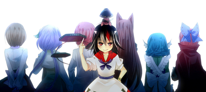 animal_ears back-to-back black_hair blue_hair bow bowl brown_hair cape double_dealing_character drum everyone hair_bow hat head_fins highres horikawa_raiko horns imaizumi_kagerou instrument japanese_clothes katsuragi_atori kijin_seija long_hair long_sleeves mermaid middle_finger minigirl monster_girl multicolored_hair multiple_girls purple_hair red_eyes red_hair sekibanki short_hair sitting sitting_on_head sitting_on_person smile sukuna_shinmyoumaru touhou tsukumo_benben tsukumo_yatsuhashi twintails wakasagihime white_background white_hair wolf_ears