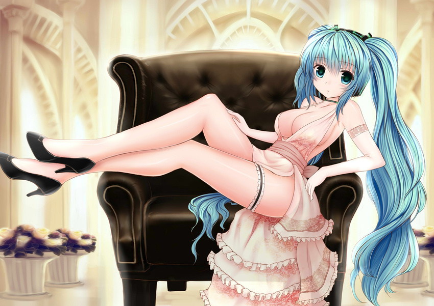 aqua_eyes aqua_hair breasts cleavage couch crossed_legs dress elbow_gloves gloves hatsune_miku headphones high_heels highres large_breasts leg_garter legs long_hair looking_at_viewer sitting solo twintails very_long_hair vocaloid zheyi_parker