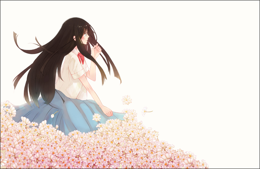 black_hair blush daisy flower highres jianmo_sl kimi_ni_todoke kuronuma_sawako long_hair school_uniform sitting skirt solo